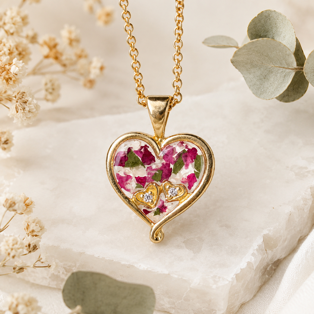 My Heart in Yours Memorial Pendant in gold handcrafted with preserved wedding flowers or funeral flowers, creating a custom memorial keepsake necklace with real flowers, ashes, or hair.
