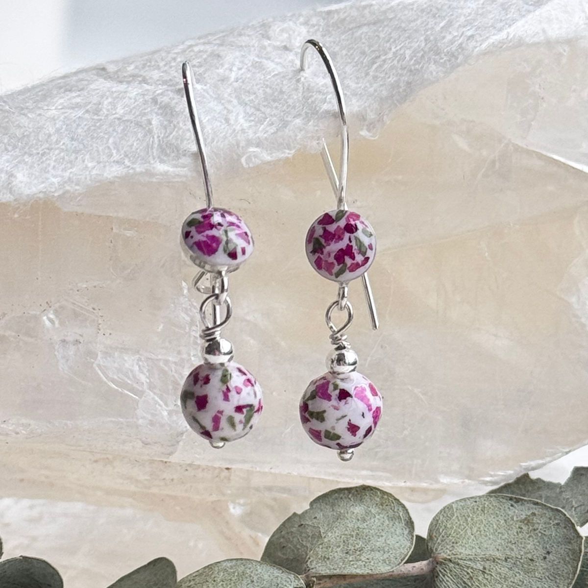 Extra close-up of Petal Drop Earrings highlighting preserved floral bead details