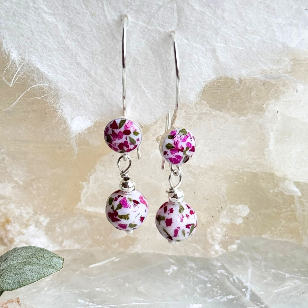 Petal Drop Earrings made with real preserved flowers - Front View