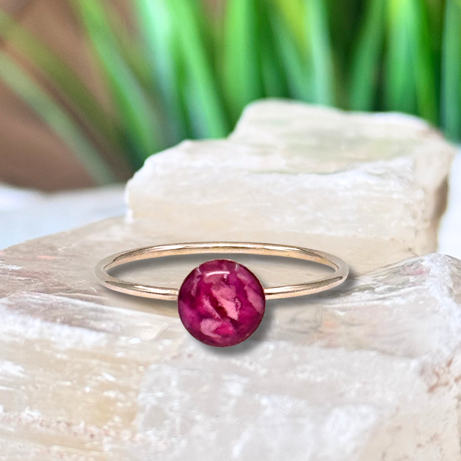 Petite Eternity Gold-Plated Stackable Ring featuring a delicate round keepsake setting handcrafted from preserved flowers or cremation ashes.