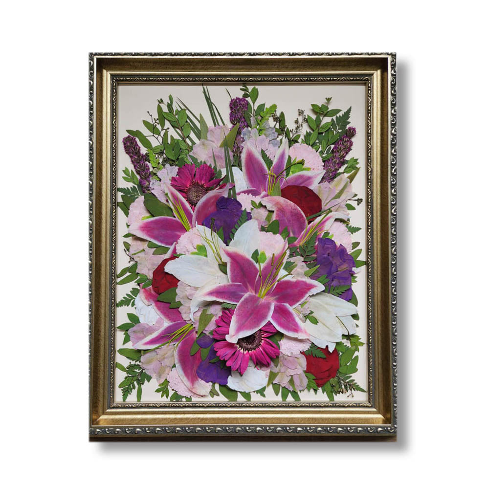 Delicate 16x20 pressed flower frame featuring pink and white flowers with greenery.