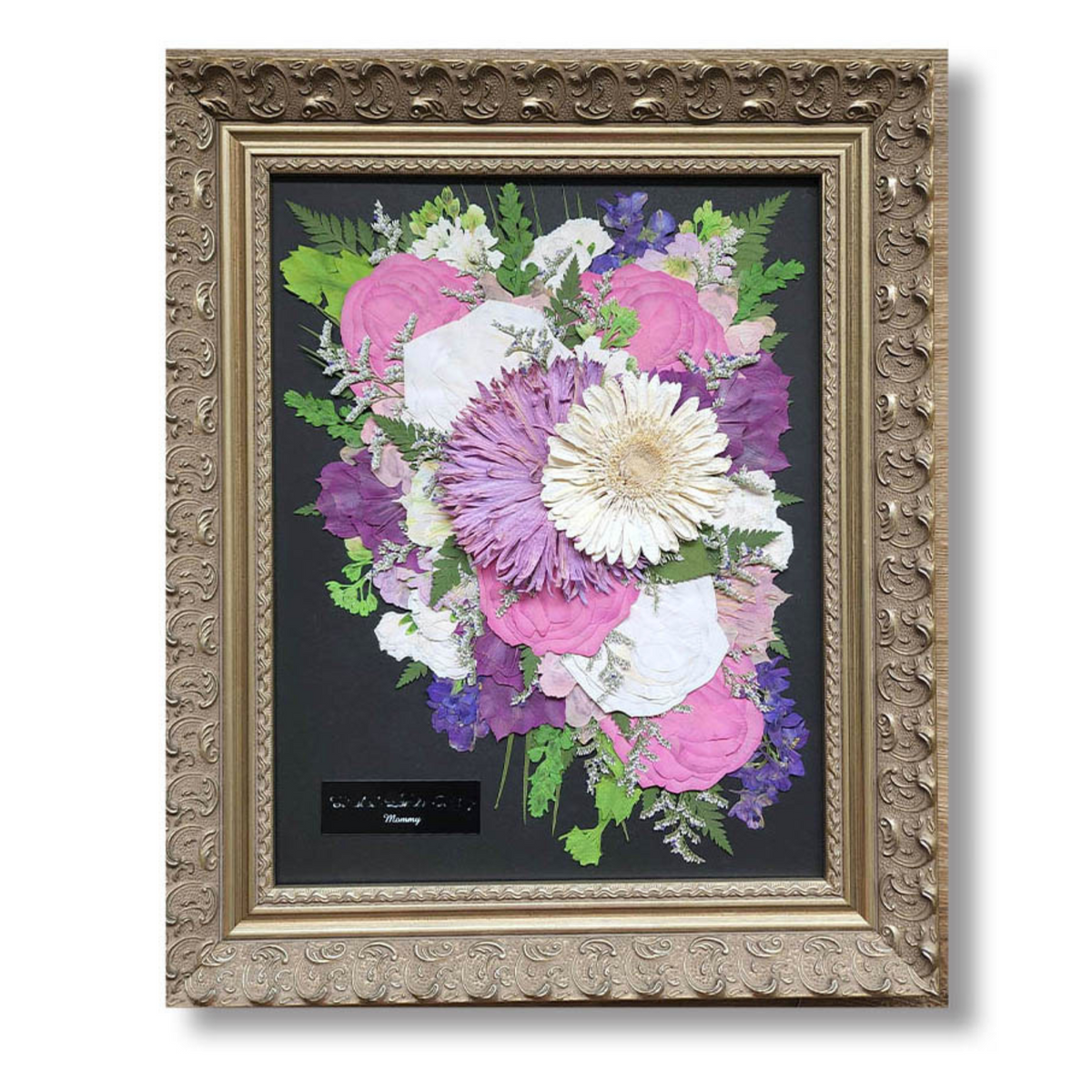 11x14 pressed flower art in ornate gold frame with pink, purple, and white flowers on black background – custom funeral tribute design