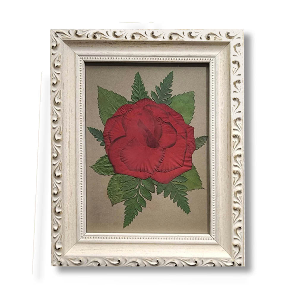 A single red pressed rose displayed in a 5 × 7 ornate ivory frame, surrounded by preserved green foliage on a warm-toned background. This timeless floral keepsake honors a loved one or a cherished wedding bloom with a classic, vintage-inspired presentation.