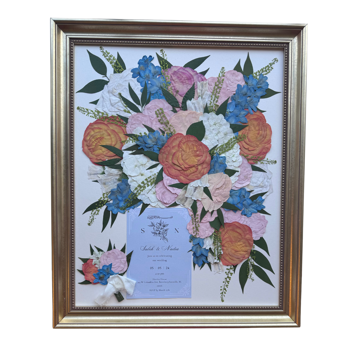 Classic 16x20 pressed flower art preserving a traditional romantic bouquet in a timeless design.