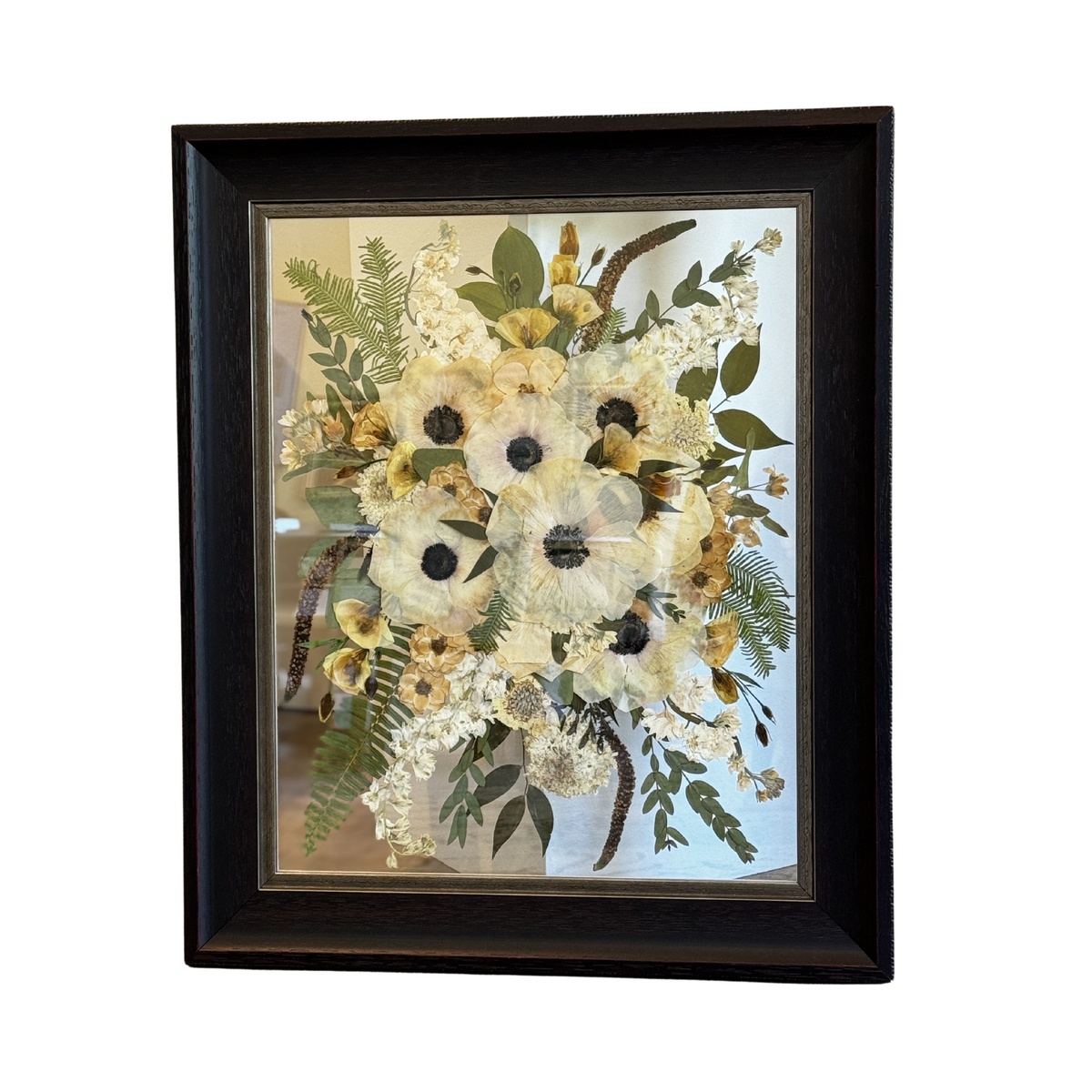 16x20 pressed flower art with rustic-inspired flowers and natural greenery accents.