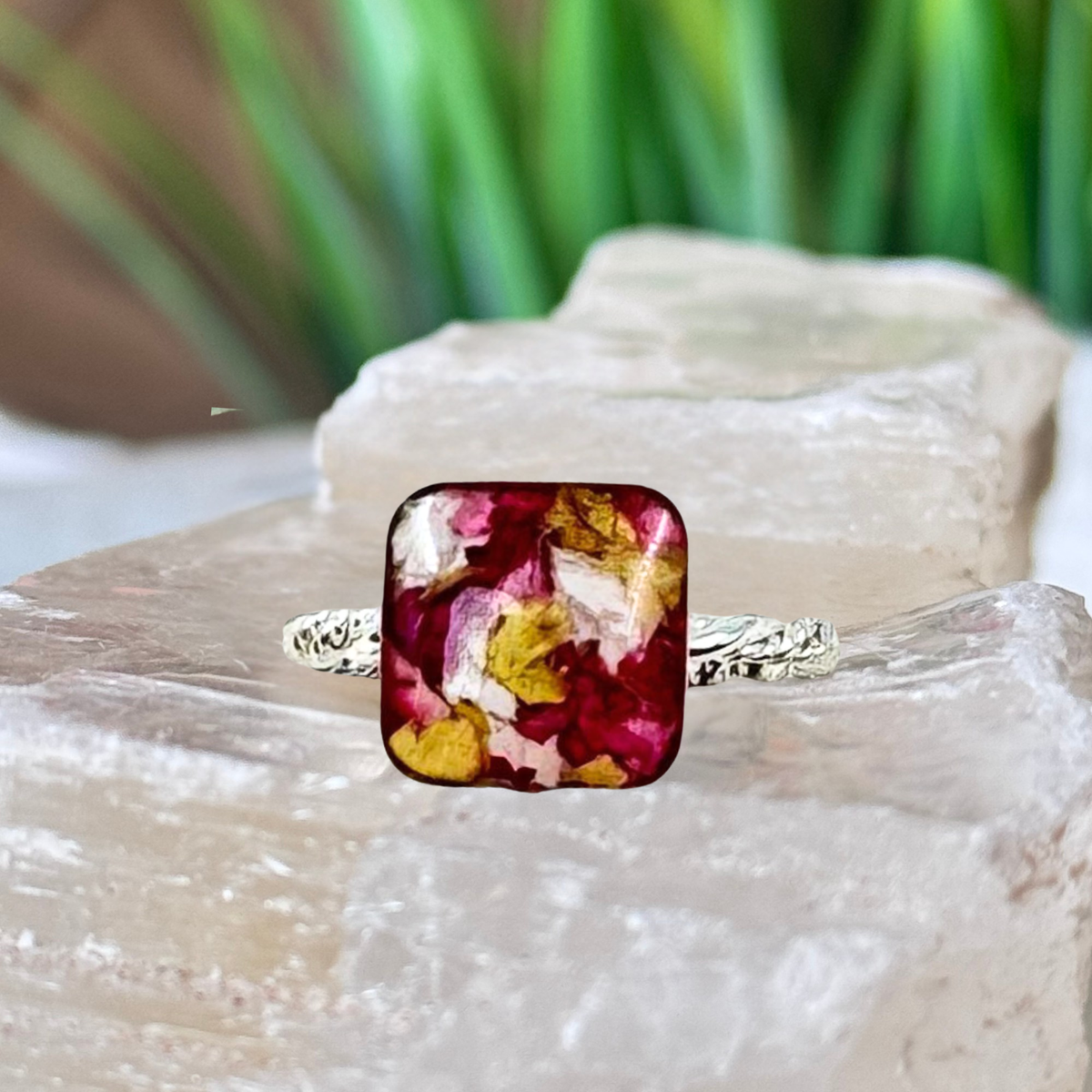 Sterling silver square memorial flower ring handcrafted with preserved funeral flowers, featuring a colorful square keepsake setting made from real petals.