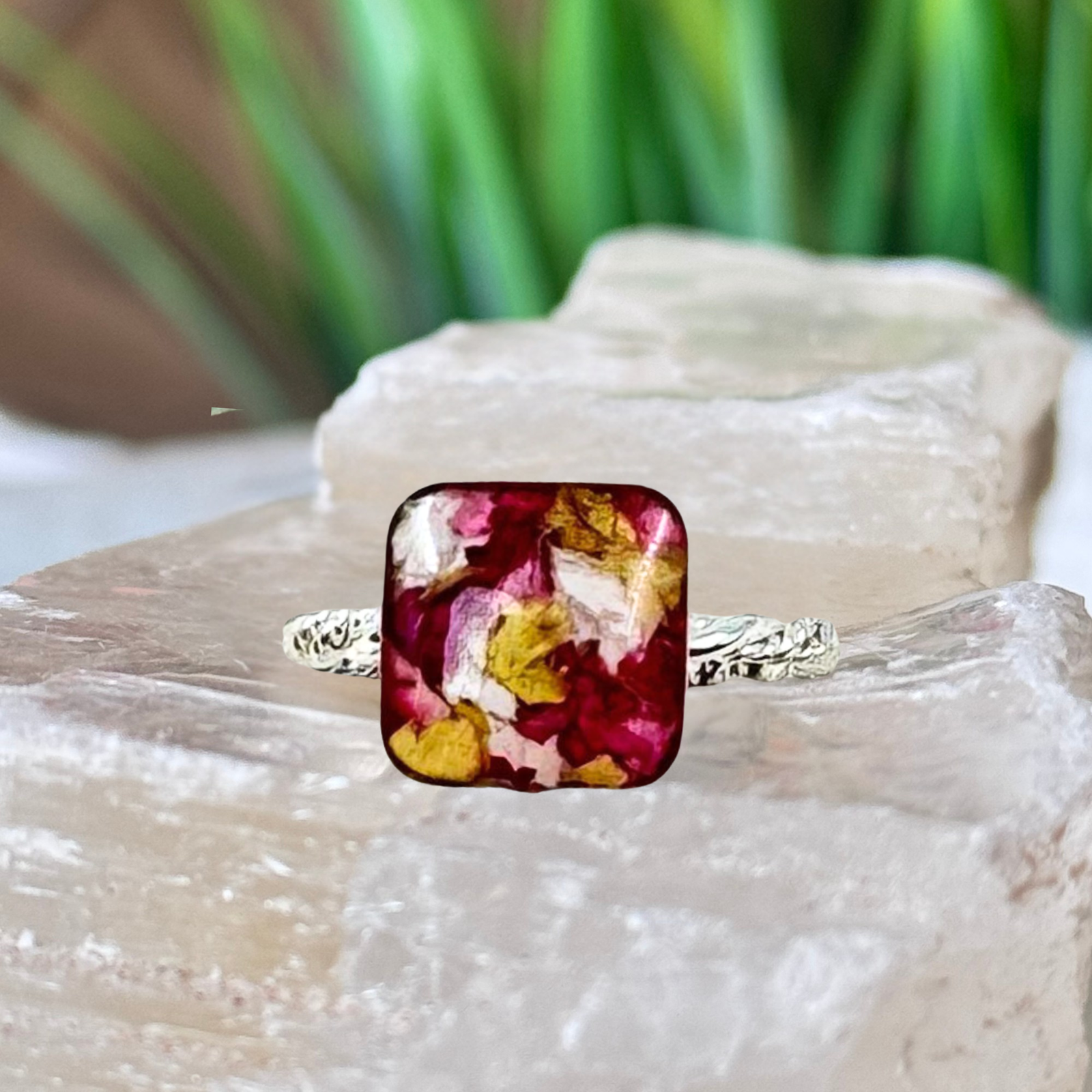 Sterling silver square memorial flower ring handcrafted with preserved funeral flowers, featuring a colorful square keepsake setting made from real petals.