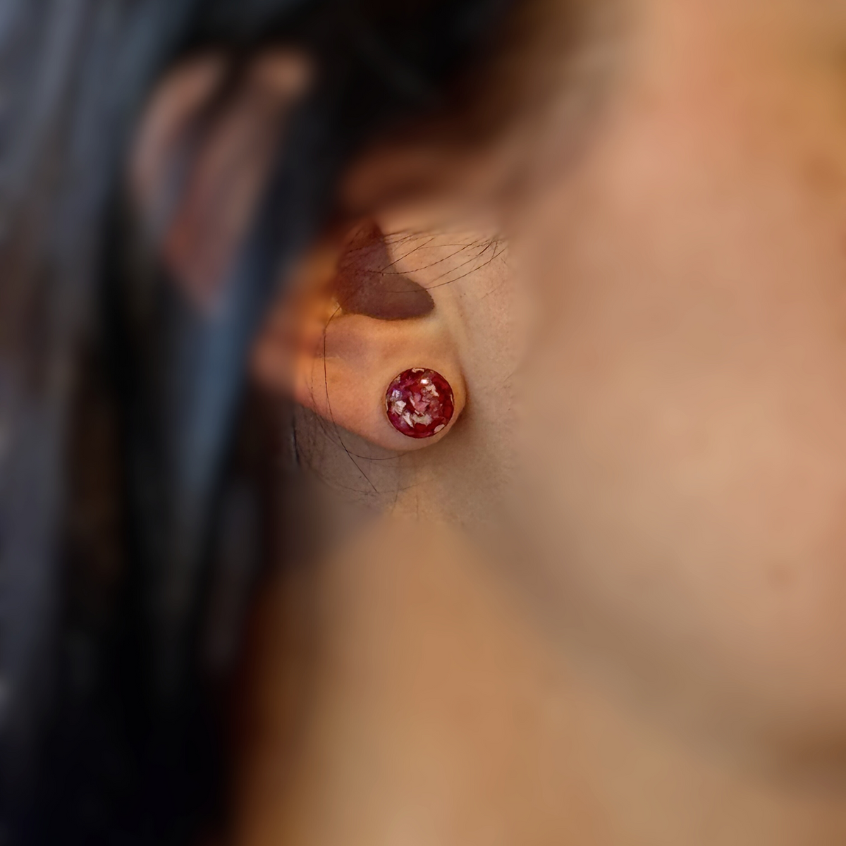 Model wearing Timeless Blossom Stud Earrings made from preserved flowers

