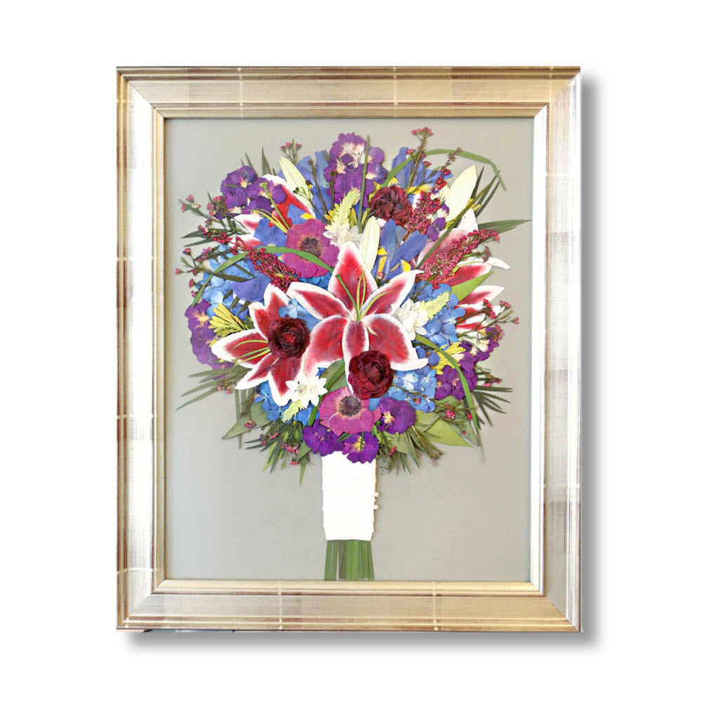 Framed 16x20 pressed flower art preserving a bride’s timeless wedding bouquet with elegance.