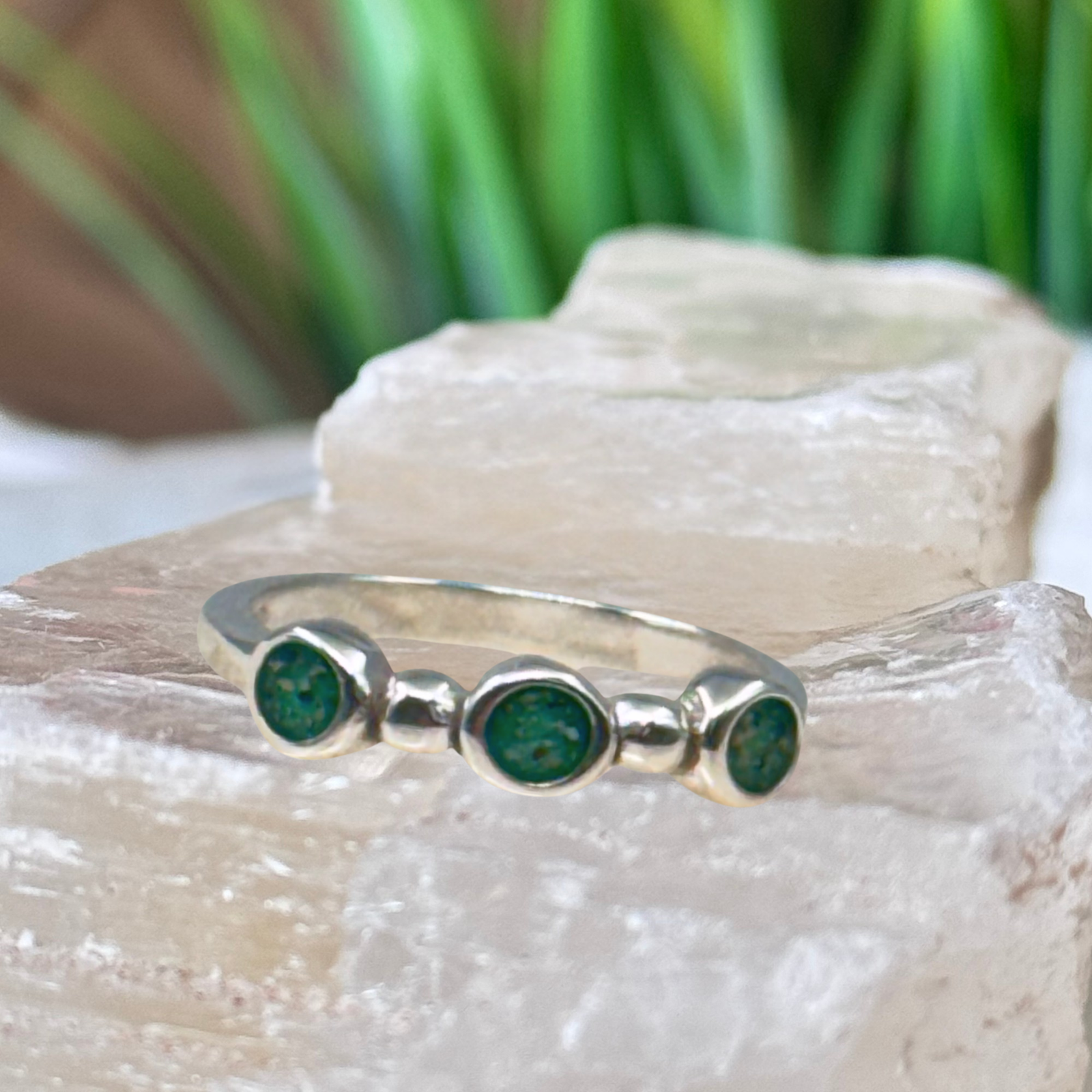 Trinity Keepsake Ring handcrafted in sterling silver featuring three 3mm keepsake settings created with cremation ashes.