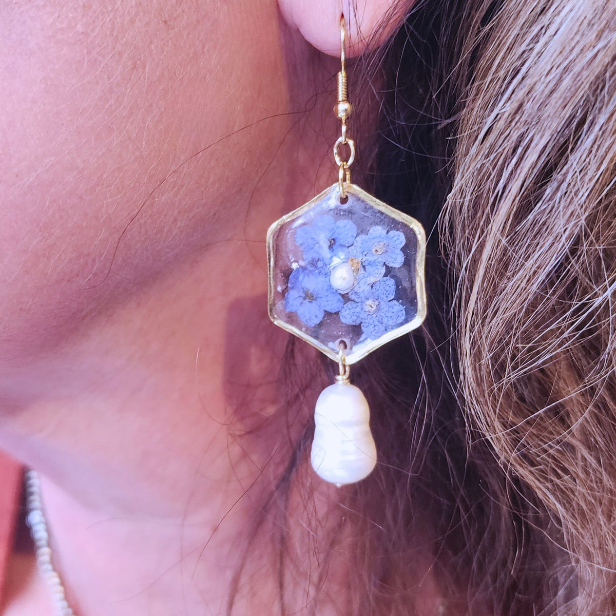 Hexagon Earrings With Forget Me Nots &amp; Baroque Pearls
