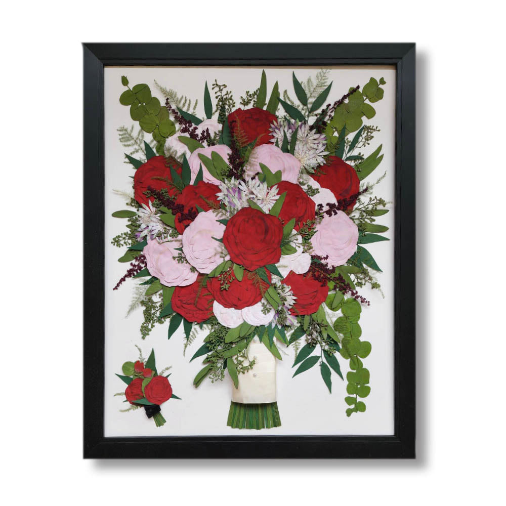 Bright and colorful 16x20 pressed flower design showcasing vibrant blooms and lush greenery.