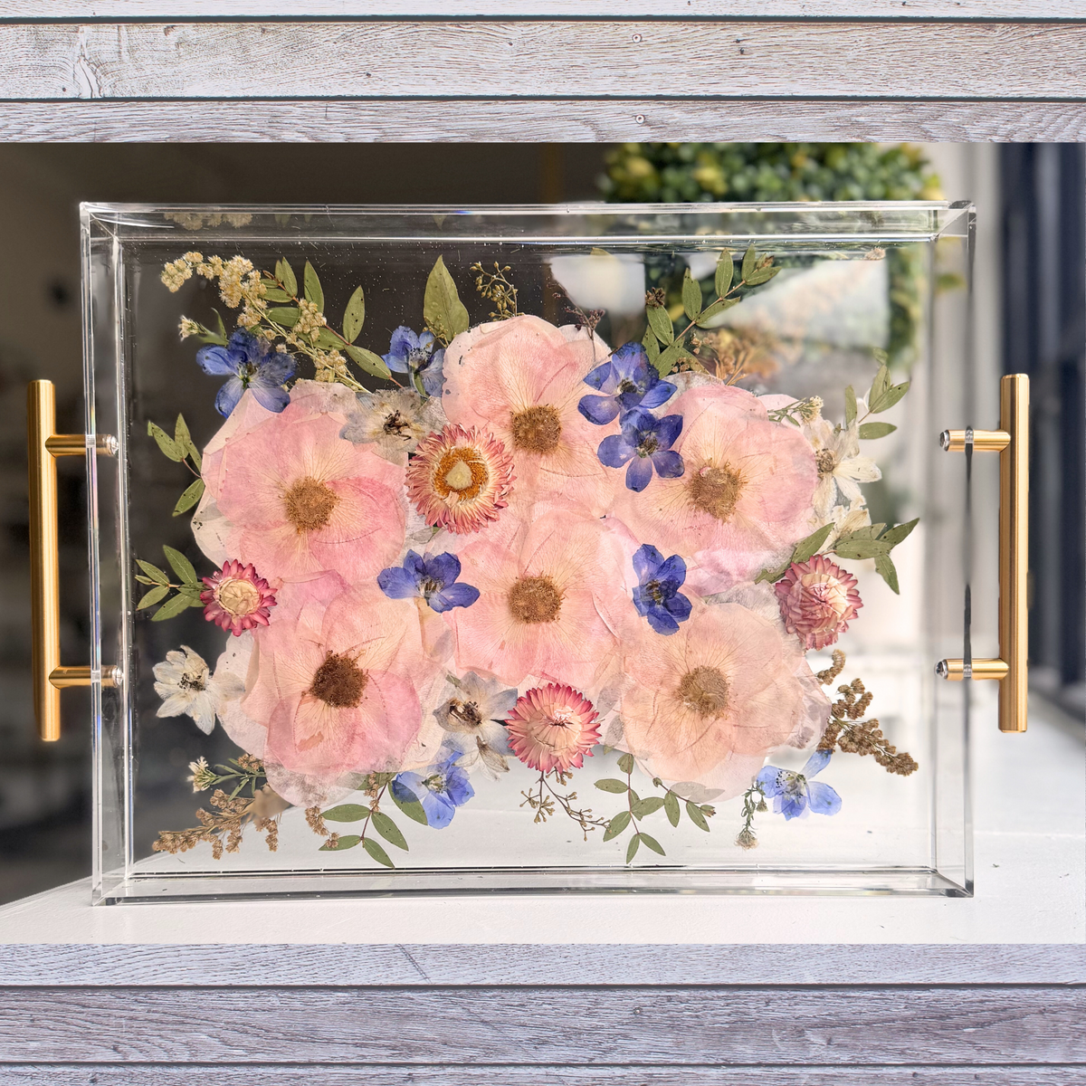 Bridal bouquet preserved in a pressed flower acrylic tray, ideal for wedding keepsakes