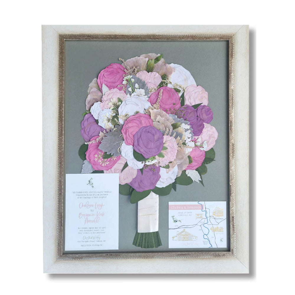 16x20 pressed flower design created from a bride’s wedding bouquet, preserving cherished memories.