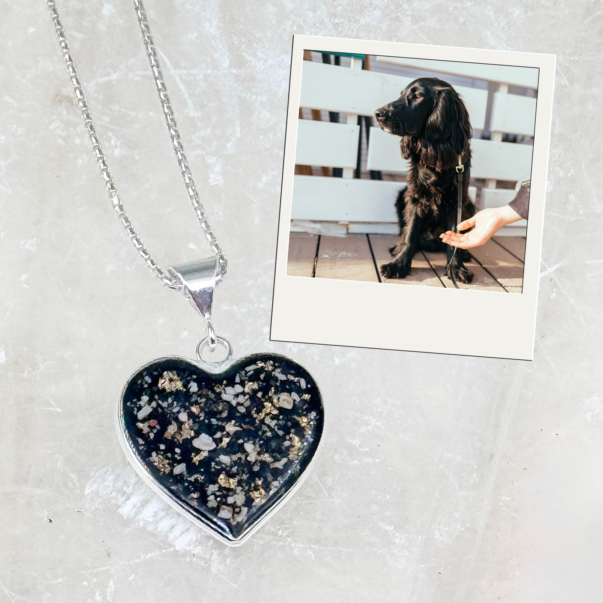 Heart-shaped sterling silver pet memorial ash pendant shown with black dog, symbolizing love and remembrance.