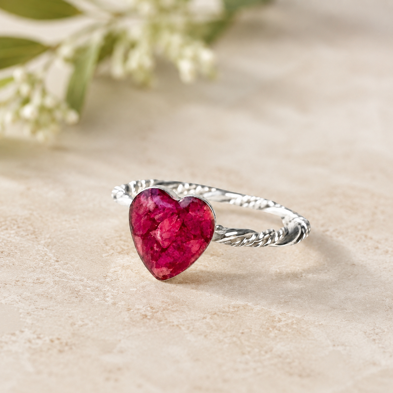 Beloved Heart Keepsake Silver Ring with pink preserved flowers in a heart-shaped setting