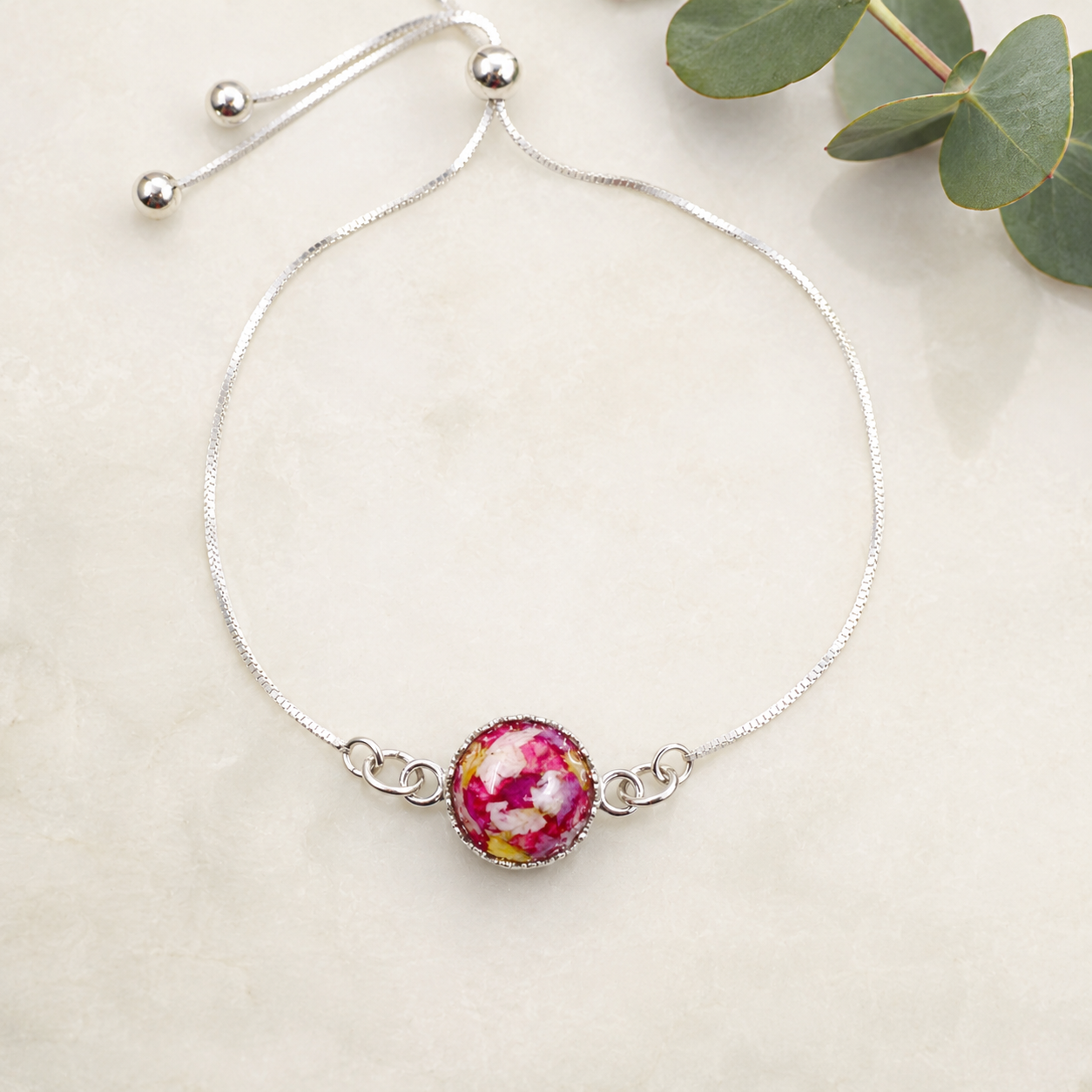 Sterling silver Blossom of Memories bracelet with preserved flowers