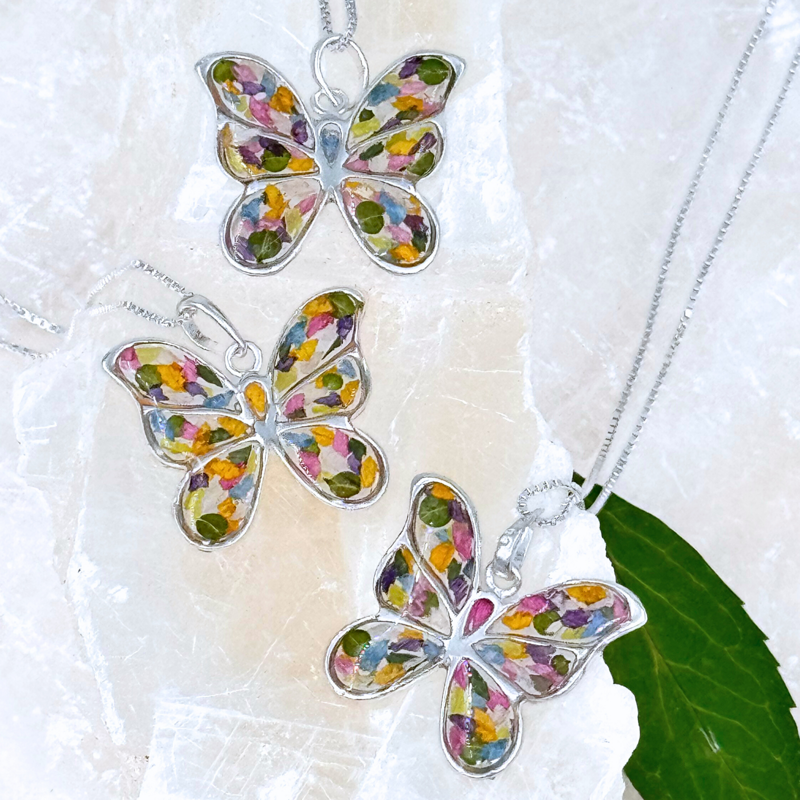 Butterfly pendant necklace with preserved flower petals set in resin and silver, handmade memorial or wedding keepsake jewelry