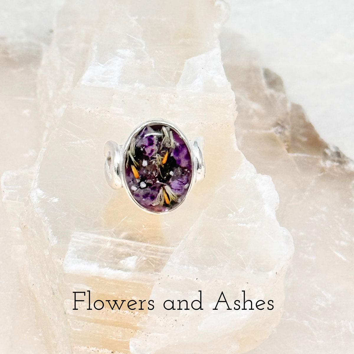 Celeste Memorial Ring featuring preserved flowers and cremation ashes in a handcrafted resin inlay, a custom tribute ring for remembrance and celebration.
