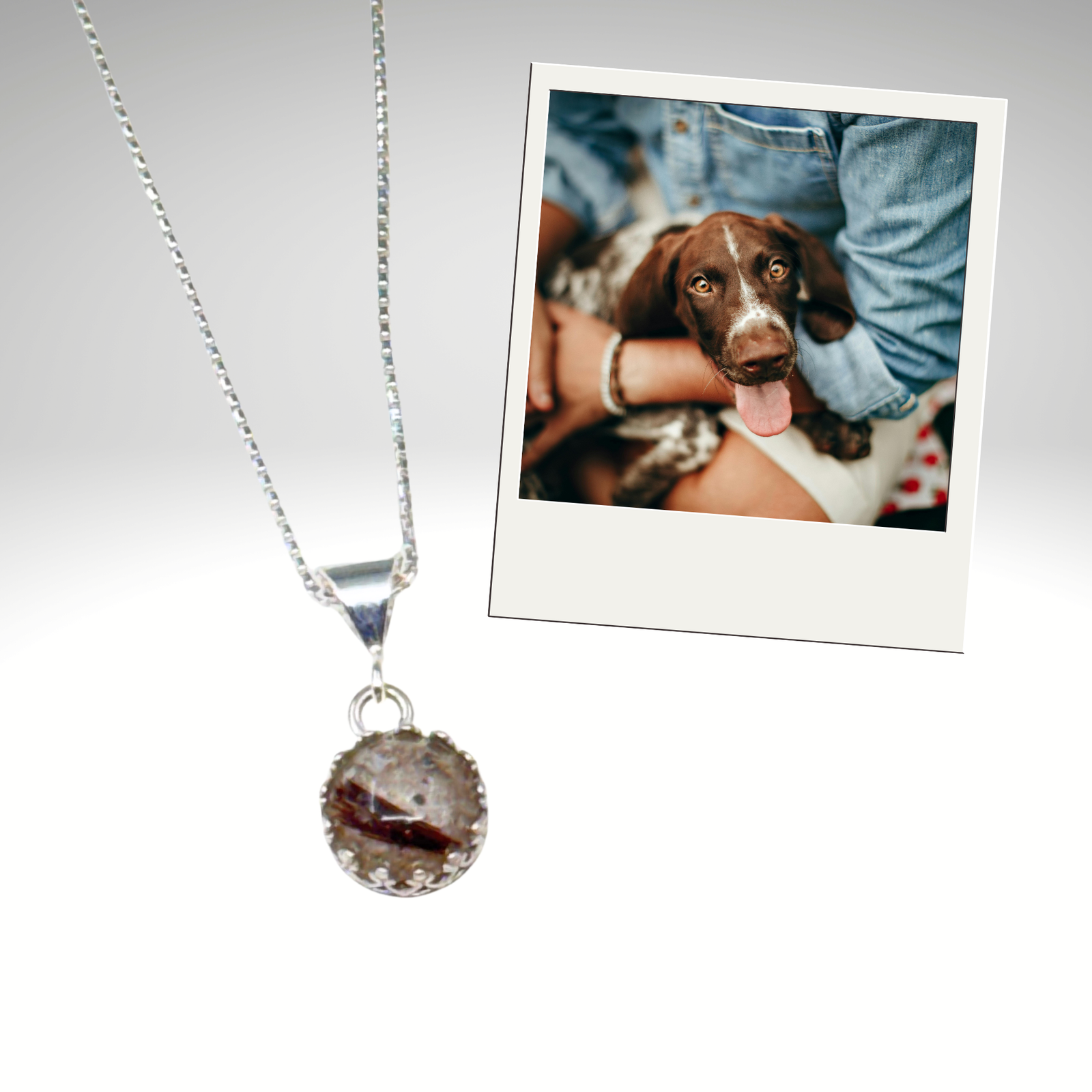 Sterling silver round “Ever Close – Ash & Hair Pet Memorial Pendant” displayed with a dog in a soft-focus background, honoring the lifelong bond between pet and owner.