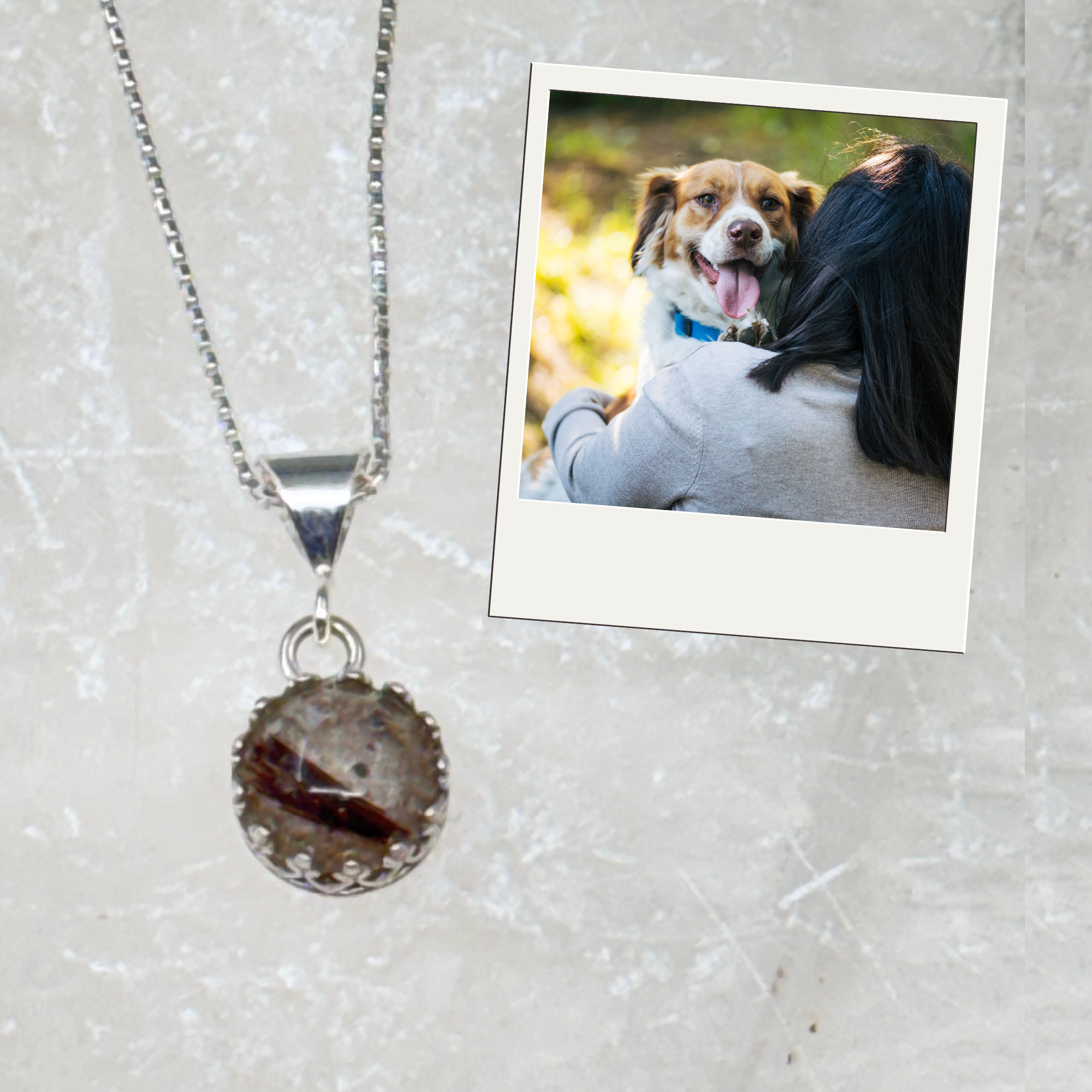 Round sterling silver pet memorial pendant made with ashes and hair, shown alongside a dog and owner to reflect their lasting connection.