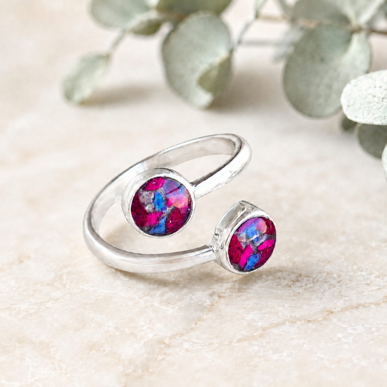 Forever Grace Ring with pink and blue preserved flowers in a silver double-setting design.