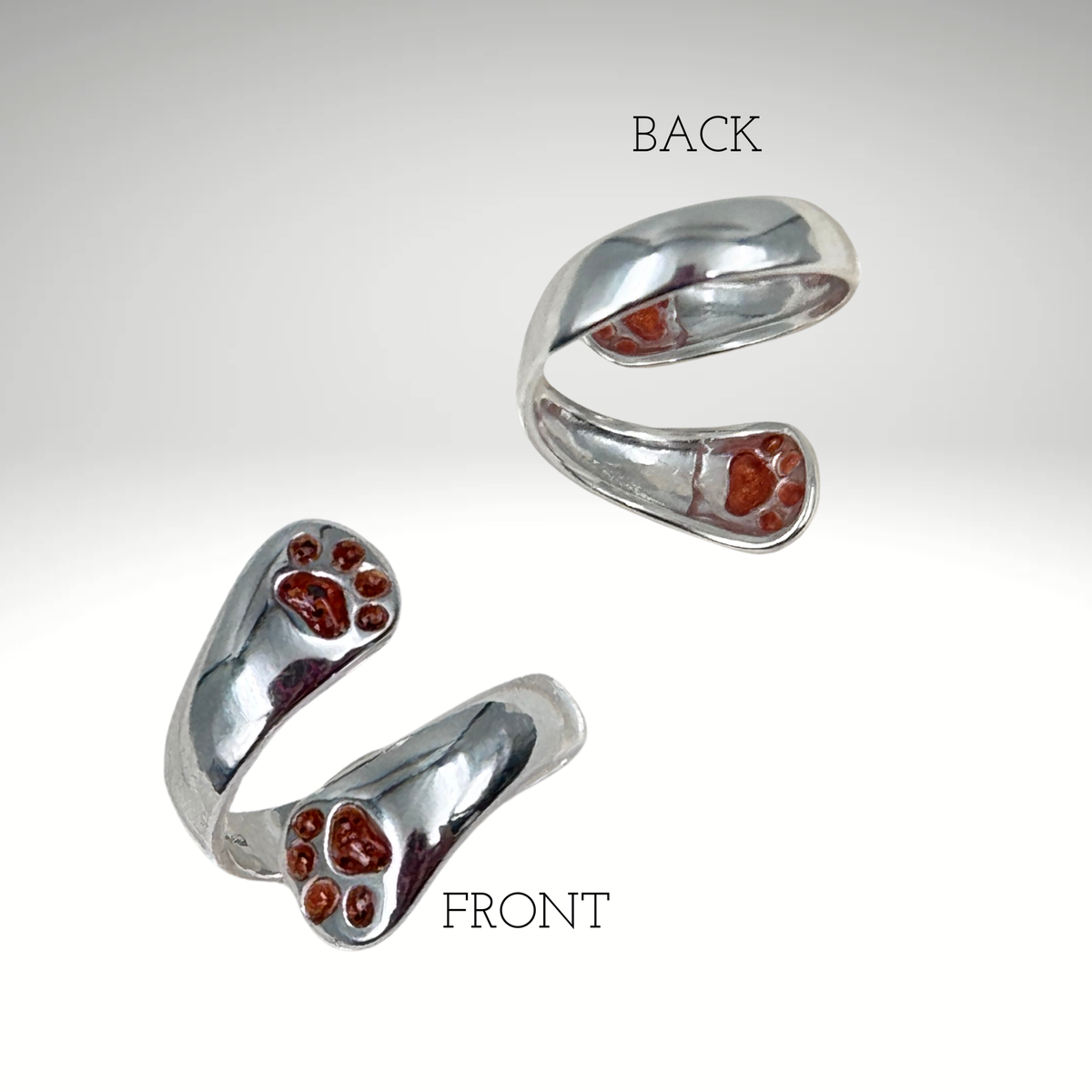 Front and back view of the Forever Pawprint Pet Ash Ring, featuring detailed paw print design with pet ashes and smooth sterling silver band