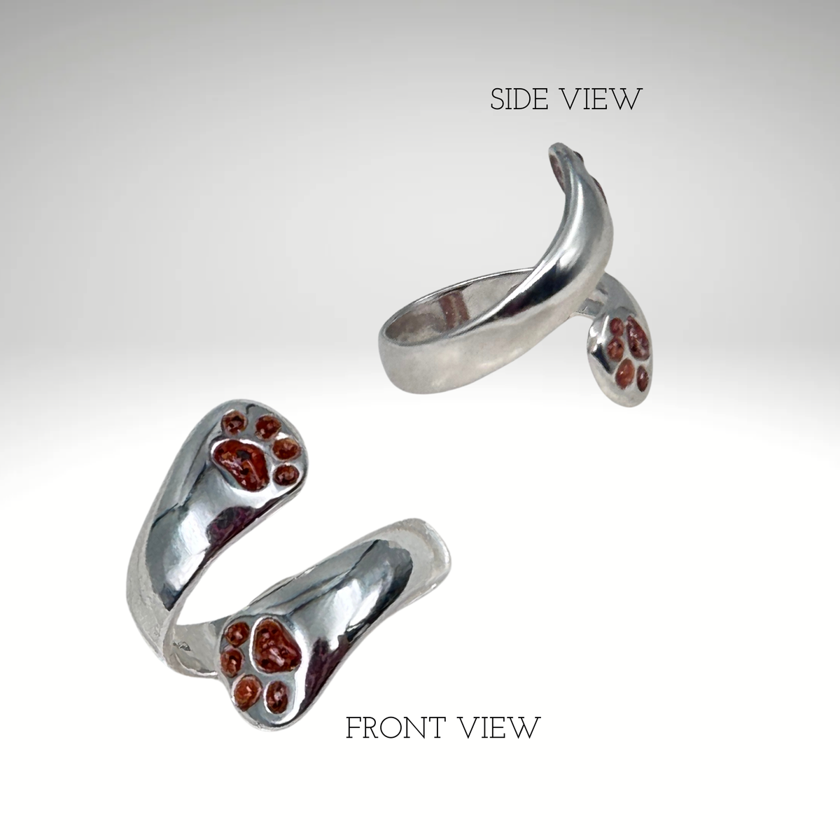Front and side view of the Forever Pawprint Pet Ash Ring, showing sterling silver design and ash-infused paw prints