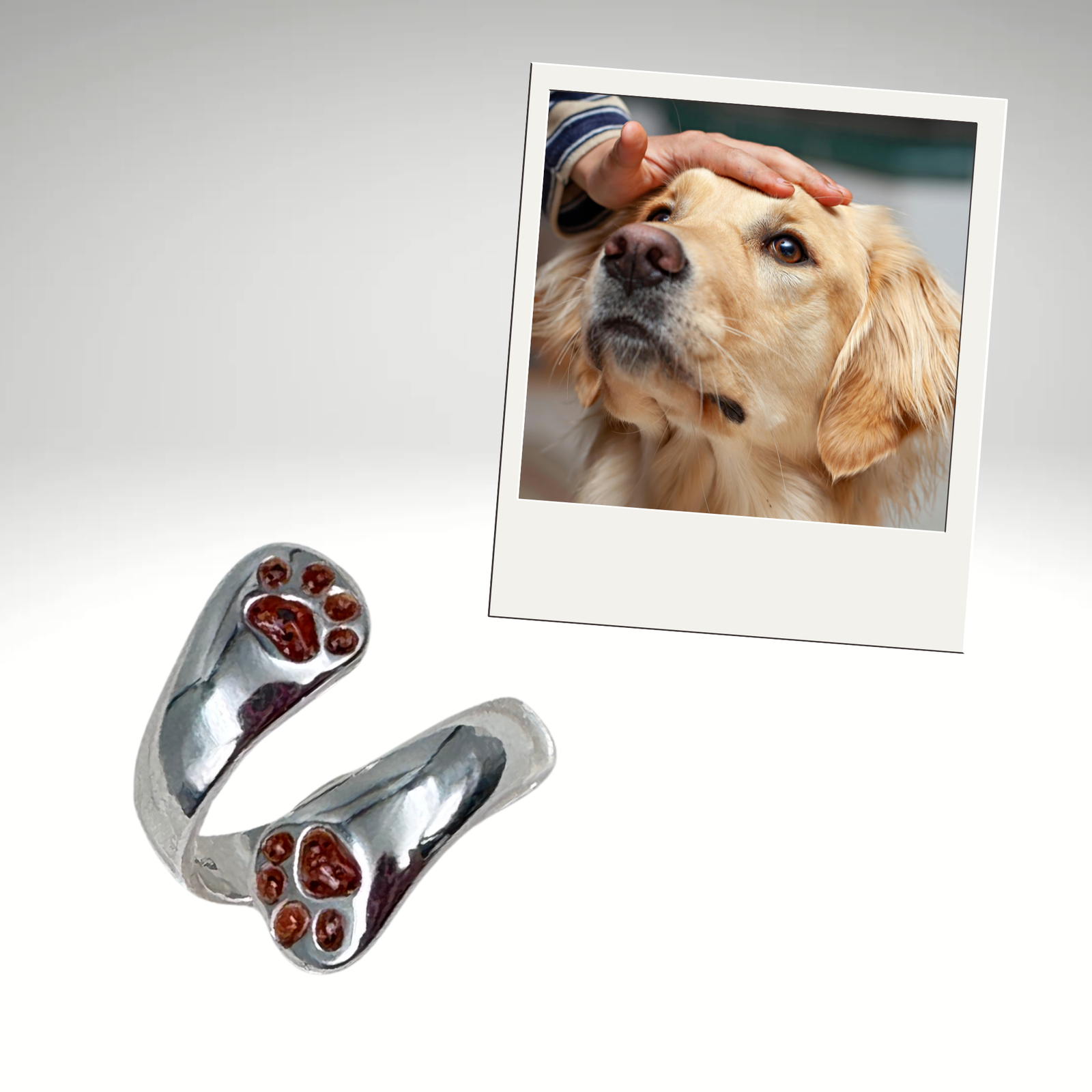 Sterling silver pawprint ring infused with pet ashes, shown with a photo of a golden retriever being gently petted