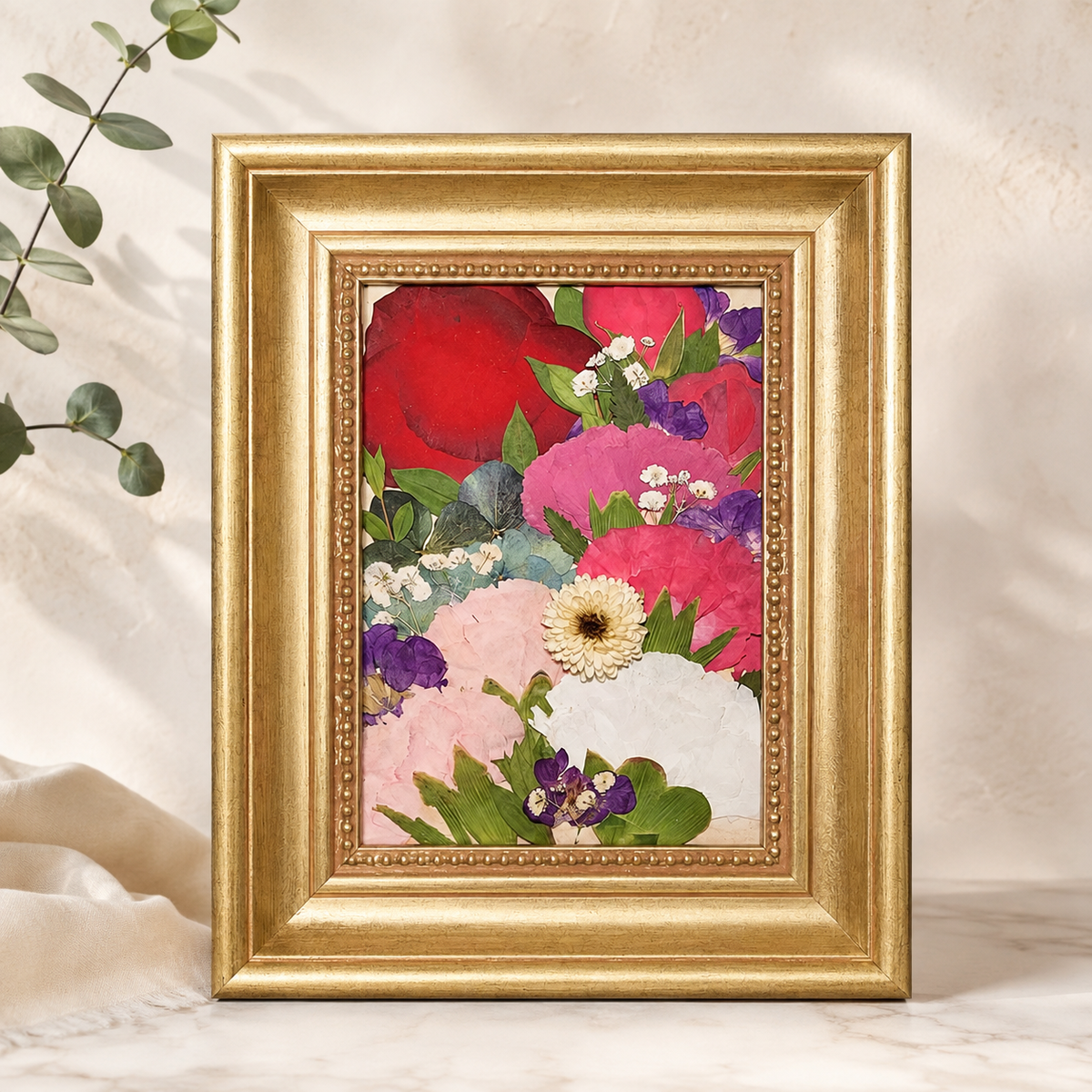 Colorful pressed bouquet preserved in a gold 5x7 flower frame.