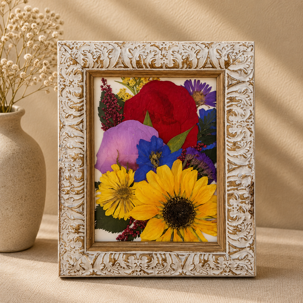 Colorful pressed flowers preserved in an ornate white and gold 5x7 frame.