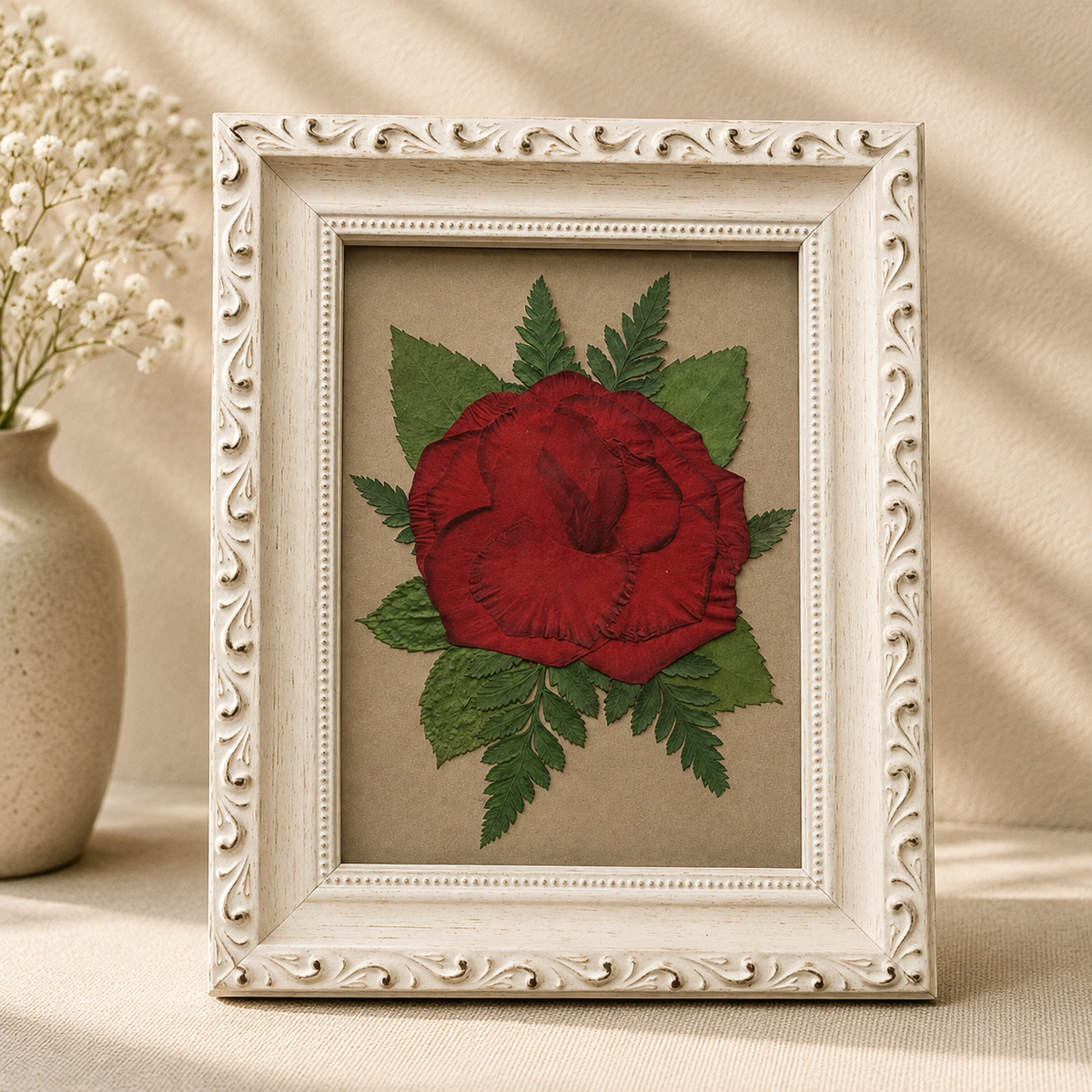 Pressed red rose with greenery preserved in an ornate white 5x7 frame.