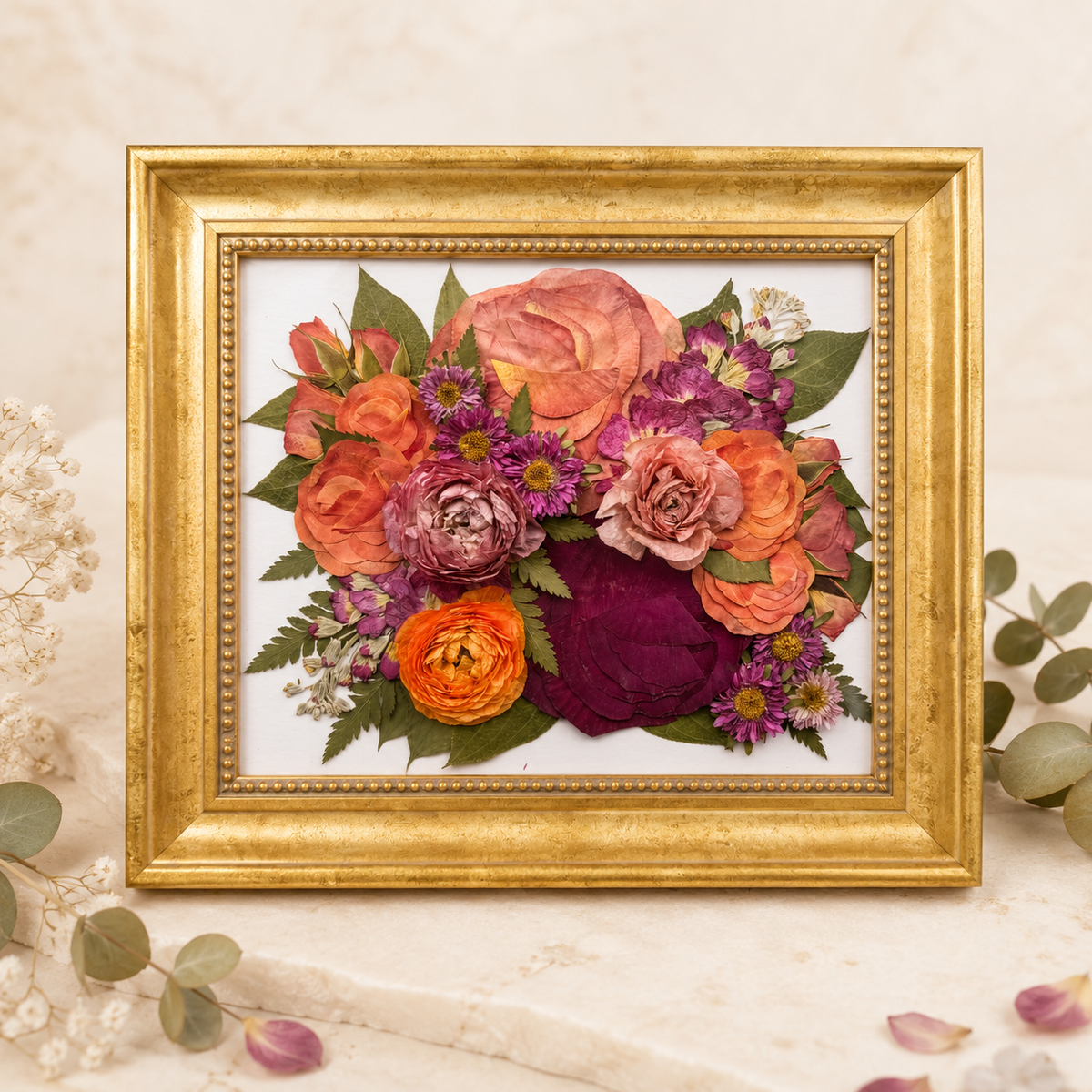 Pressed coral, purple and orange flowers preserved in an ornate gold 8x10 frame.