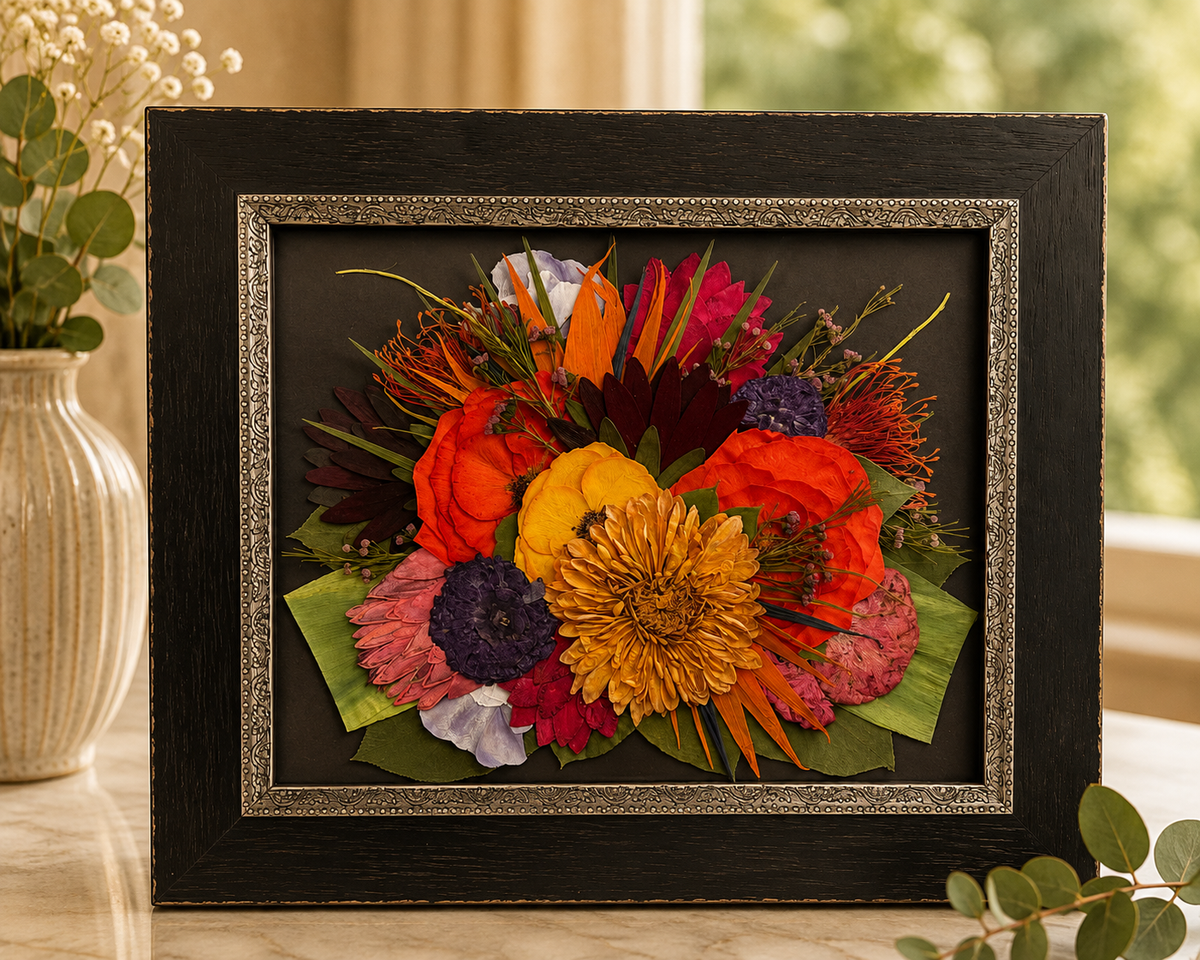 Pressed orange, red and yellow flowers with greenery preserved in a black 8x10 frame.
