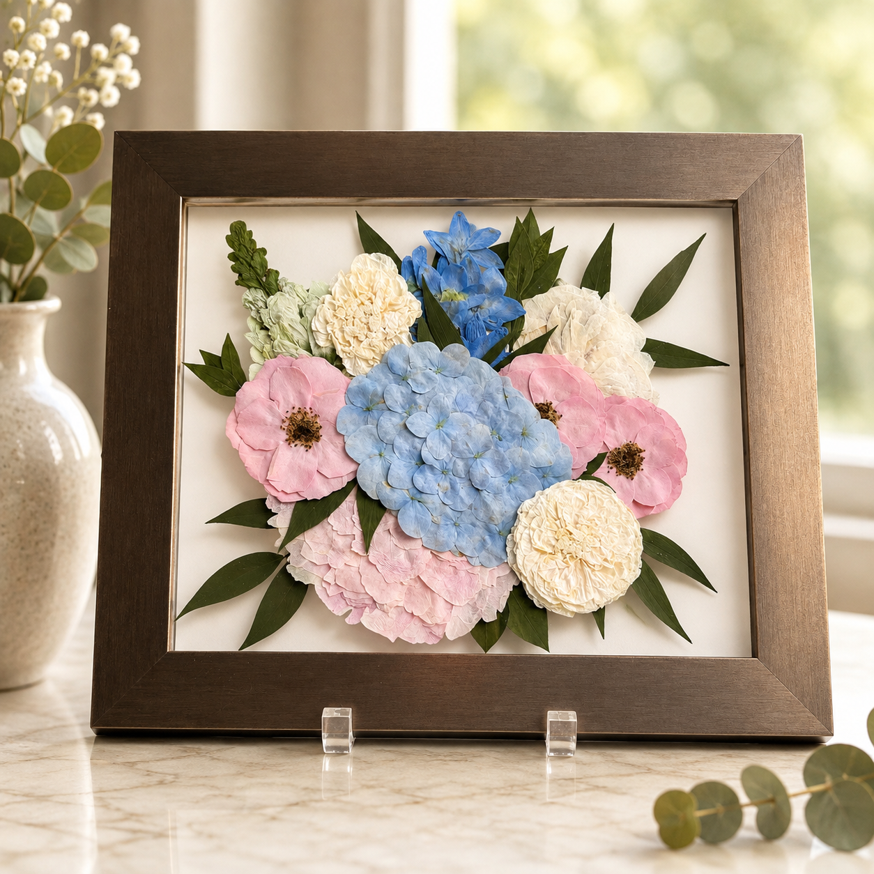 Pressed pink, blue and white flowers with greenery preserved in a brown 8x10 frame.