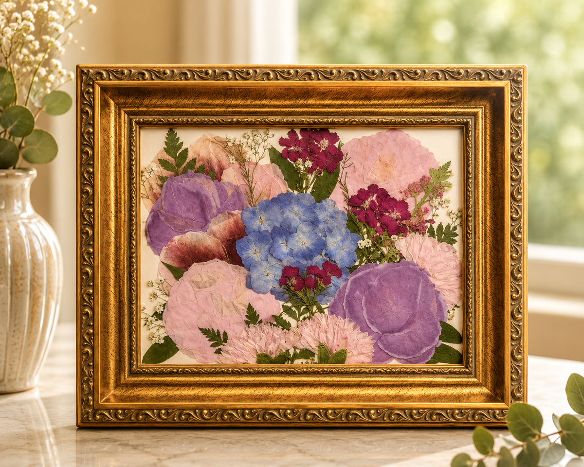 Pressed pink, lavender and blue flowers with greenery preserved in an ornate gold 8x10 frame.