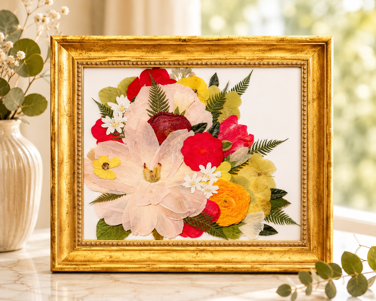 Pressed pink, red and yellow flowers with greenery preserved in a gold 8x10 frame.