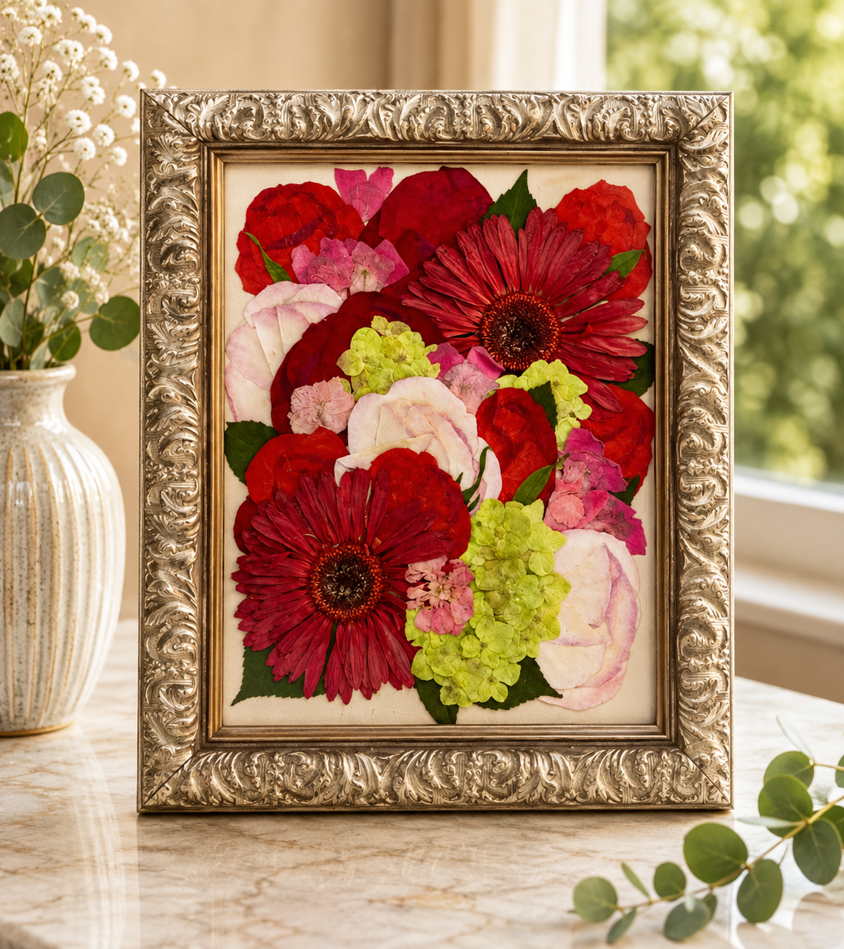Pressed red, pink and green flowers preserved in an ornate 8x10 frame.