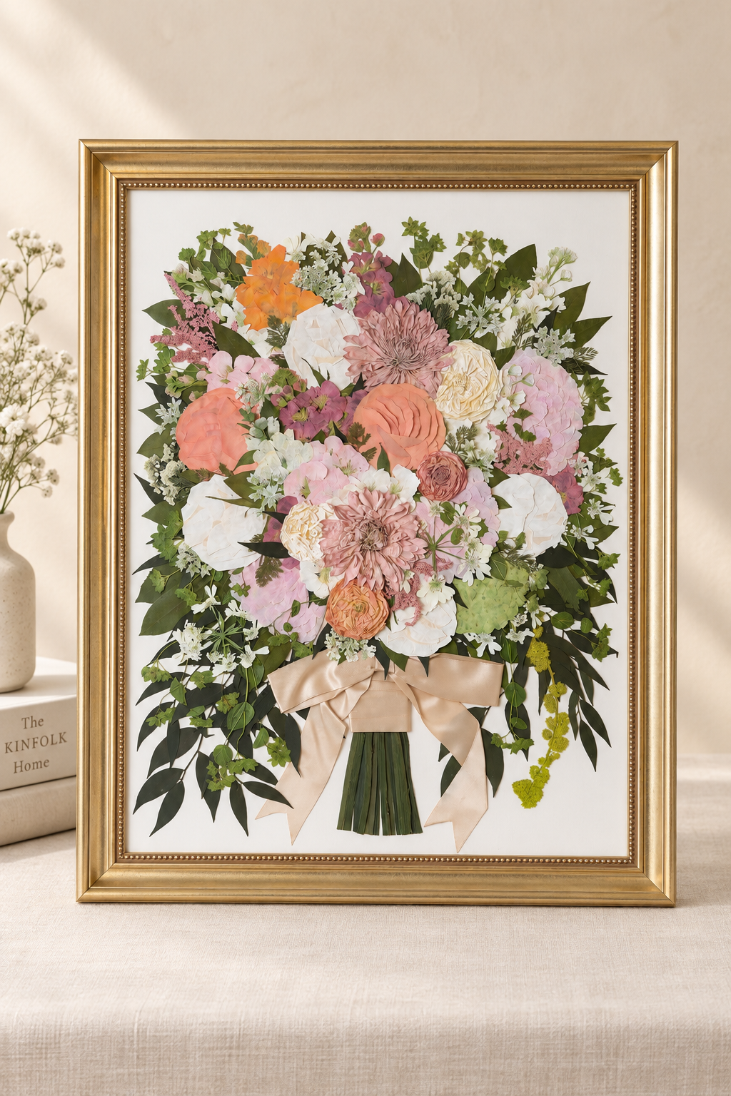 Full pressed bouquet with pink, peach and white flowers preserved in an elegant gold frame.
