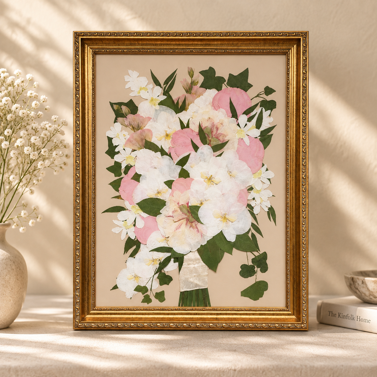 Full pressed bouquet with pink and white flowers, orchids and greenery preserved in an ornate gold frame.