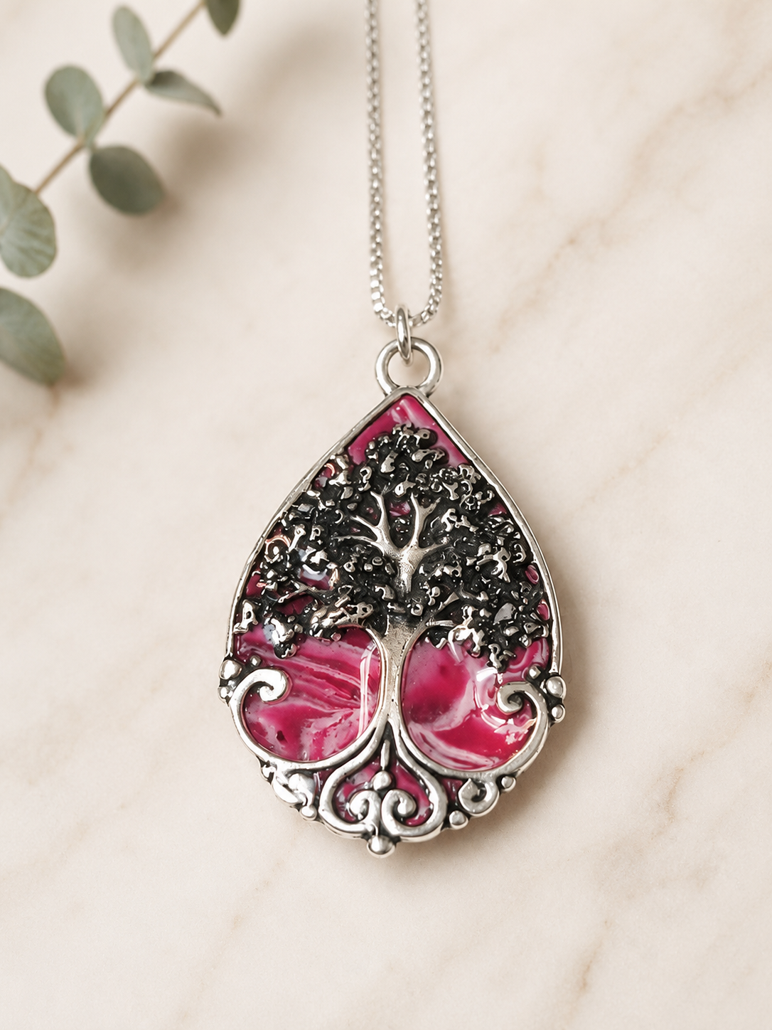 Harper Memorial Pendant with pink preserved flowers in a silver tree design.