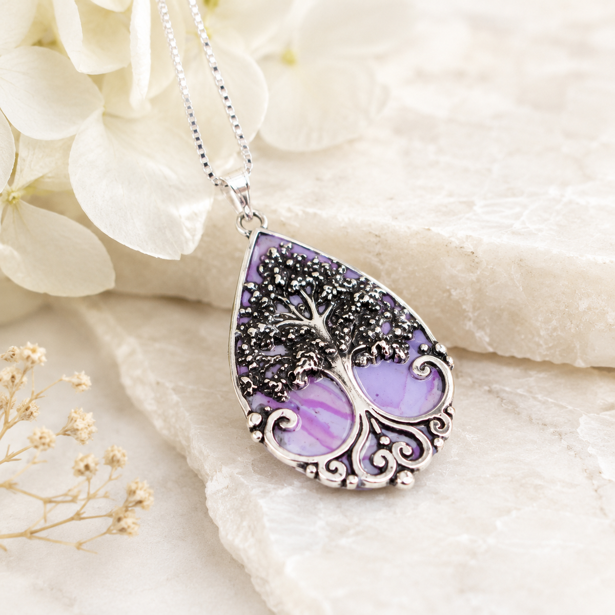 Harper Memorial Pendant with purple preserved flowers in a silver tree design.