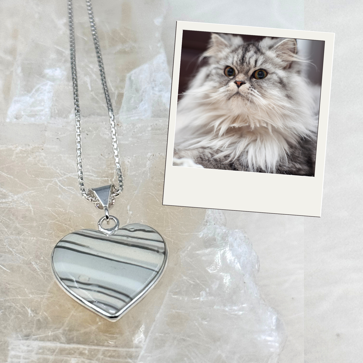 Heart-shaped sterling silver memorial pendant made with pet ashes or fur, shown with a long-haired cat to reflect the natural coat pattern and connection.