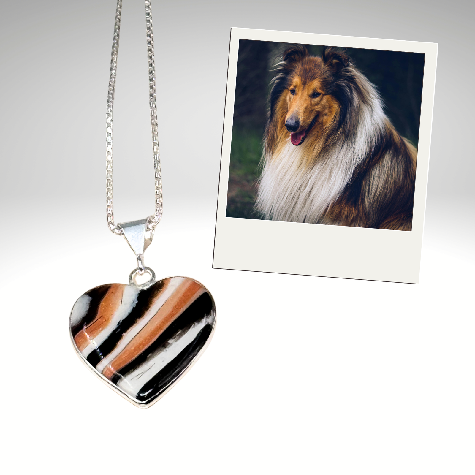 Sterling silver heart-shaped pet memorial pendant made with ashes or fur, designed to reflect your pet’s natural coat coloring.