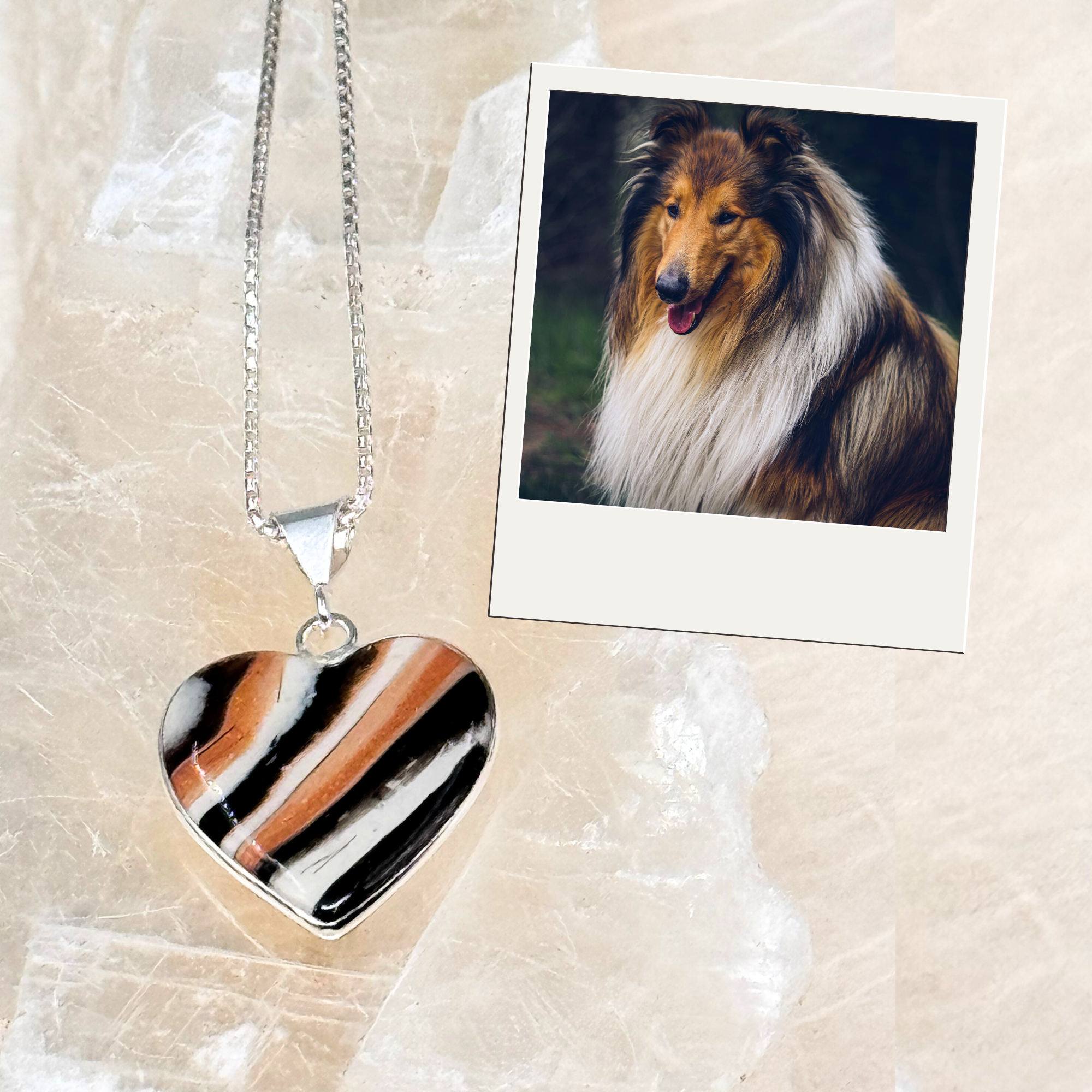 Sterling silver heart-shaped pet memorial pendant made with ashes or fur, designed to reflect your pet’s natural coat coloring.