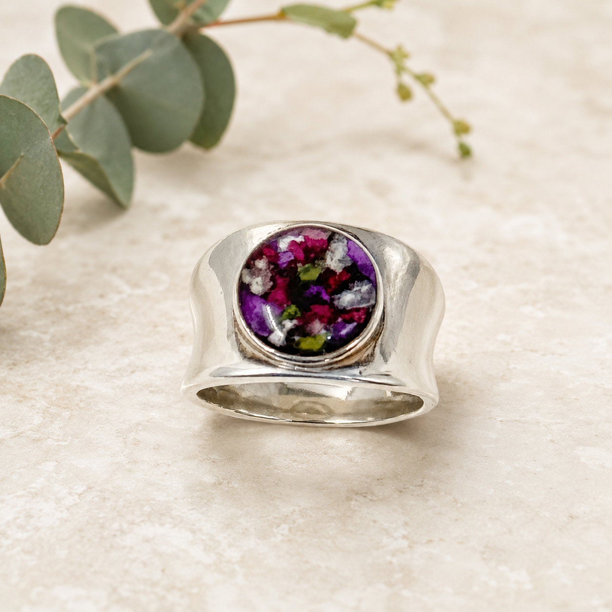 Heritage Keepsake Ring with purple, pink, white and green preserved flowers in sterling silver.