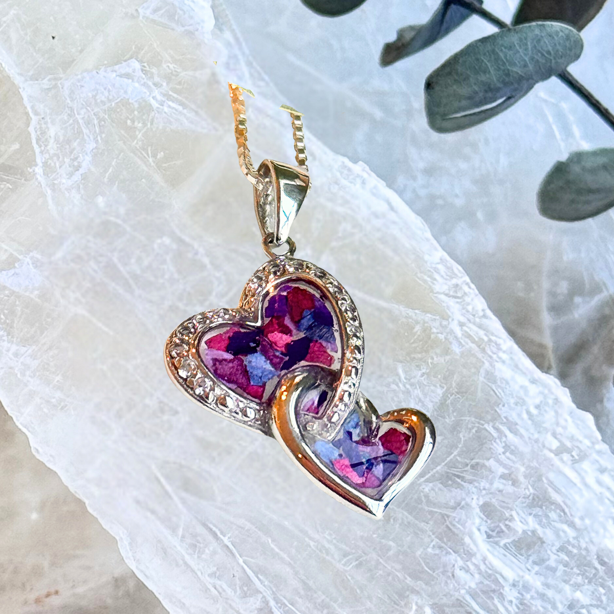 Keep Me in Your Heart Memorial Pendant with pink, purple and blue preserved flowers.