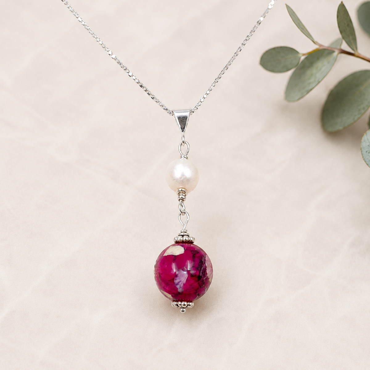 Sterling silver pearl necklace with custom flower keepsake bead