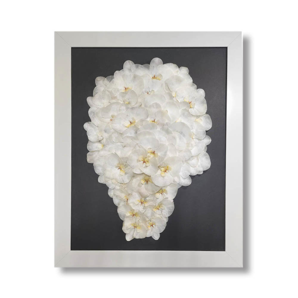18x24 pressed flower art featuring a cascading white orchid wedding bouquet, displayed in a modern white frame with a dark background.