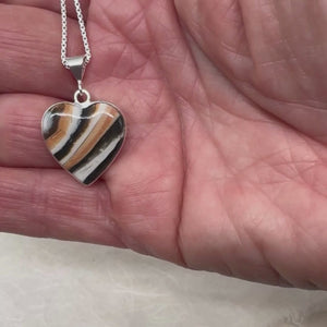 A video showcasing the Heart Pet Memorial Pendant made with ashes or fur, shown from multiple angles to highlight its sterling silver setting and natural design.